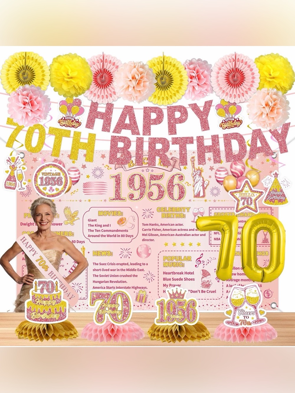 💜24 Pcs 70th Birthday Decorations for Women, Back in 1956 Party Supplies, Pink - Picture 2 of 6